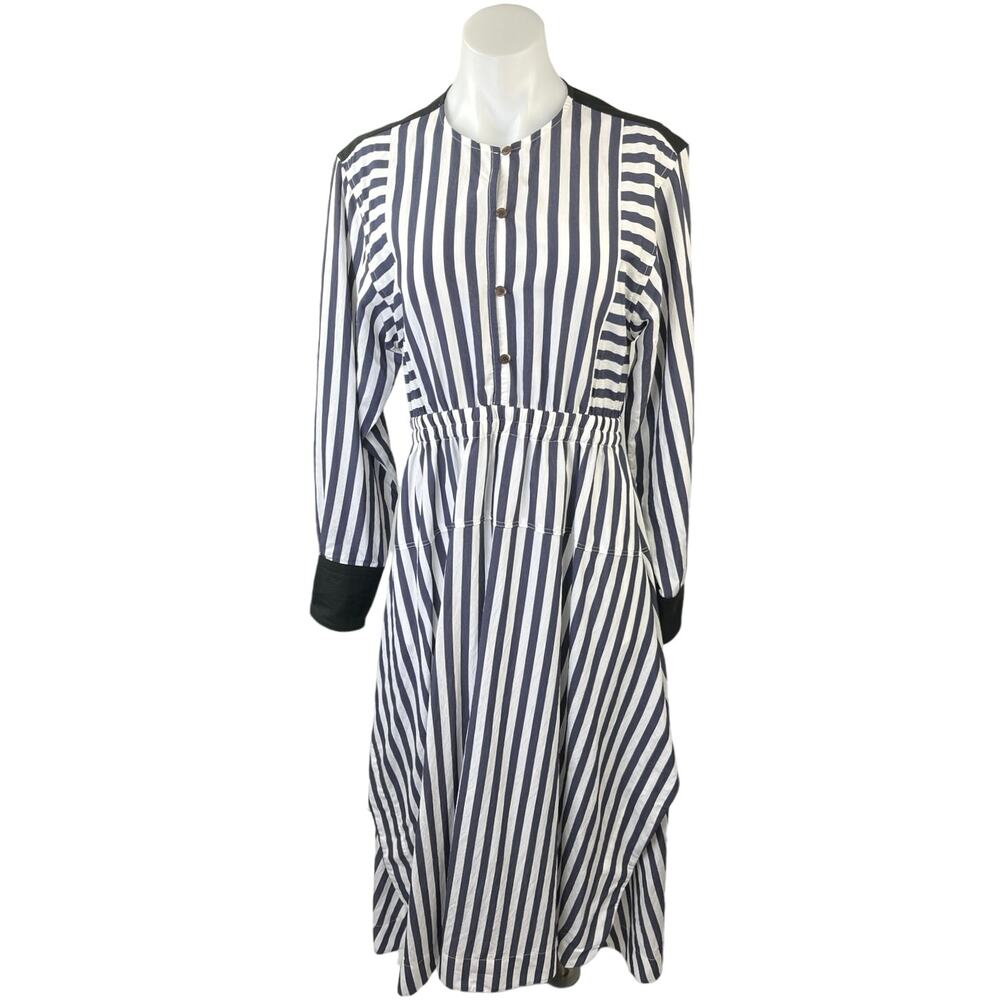 NEW Argent Black White Striped Button Long Sleeve Midi Maxi A-Line Dress Size S